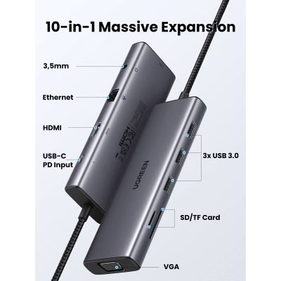 Hub USB-C / 10 en 1 / HDMI 4K@30Hz / VGA 1920x1200 / 3x USB