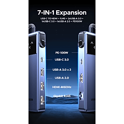 Hub USB-C 7 en 1 / HDMI 4K 60Hz / 2x USB-A 3.0 + USB-C 3.0 +